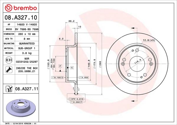 BREMBO 08.A327.11 | Fren Diski Arka Düz (260-5)-(Honda Accord 2003 / 2008 2.0) | 2 Adet