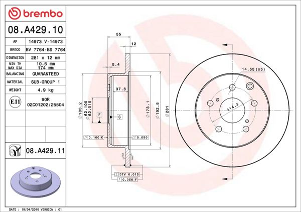 BREMBO 08.A429.11 | Fren Diski Arka Düz-(281-5) UV Coated (Toyota Rav4 06 / 11 / Rav4 13-/ /) | 2 Adet
