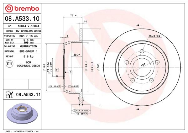 BREMBO 08.A533.11 | Fren Diski Arka Düz 305 mm UV Coated (Jeep Cherokee) | 2 Adet