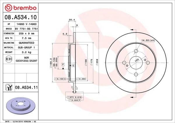 BREMBO 08.A534.11 | Fren Diski Arka UV Coated Toyota | 2 Adet