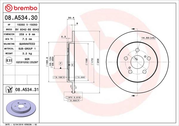 BREMBO 08.A534.31 | Fren Diski Arka UV Coated Toyota | 2 Adet