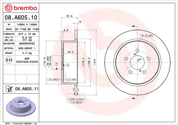 BREMBO 08.A605.11 | Fren Diski Arka UV Coated Subaru | 2 Adet
