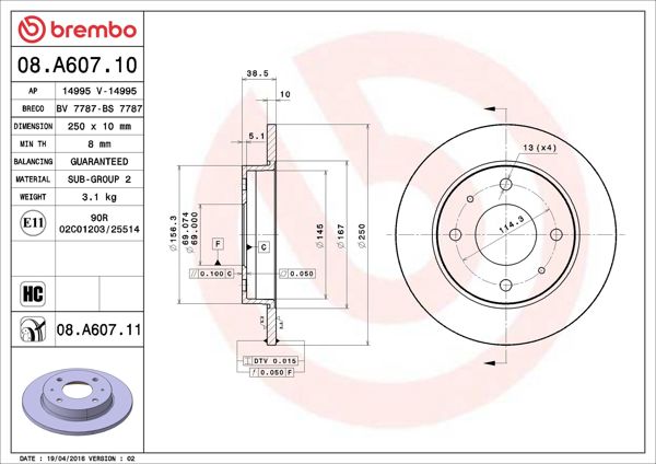 BREMBO 08.A607.11 | Fren Diski Arka UV Coated Mitsubishi | 2 Adet