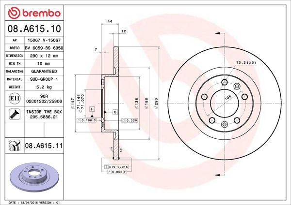BREMBO 08.A615.11 | Fren Disk Arka Hava Kanallı 290-5 UV Coated (Peugeot 508 1.6 VTI 10 -) | 2 Adet