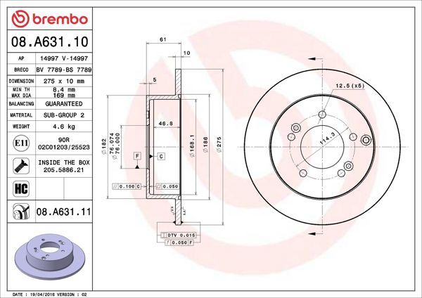 BREMBO 08.A631.11 | Fren Diski Arka UV Coated Kia | 2 Adet