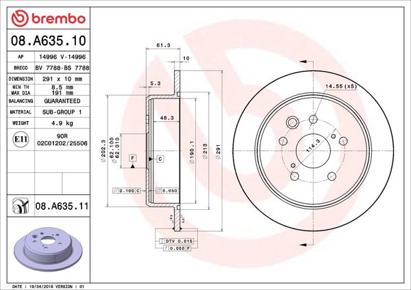 BREMBO 08.A635.11 | Fren Diski Arka UV Coated Lexus | 2 Adet