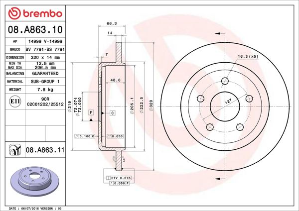 BREMBO 08.A863.11 | Fren Diski Arka UV Coated Jeep | 2 Adet