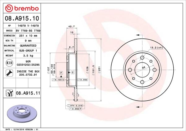 BREMBO 08.A915.11 | Fren Diski Arka UV Coated Alfa Romeo Mito 08> | 2 Adet
