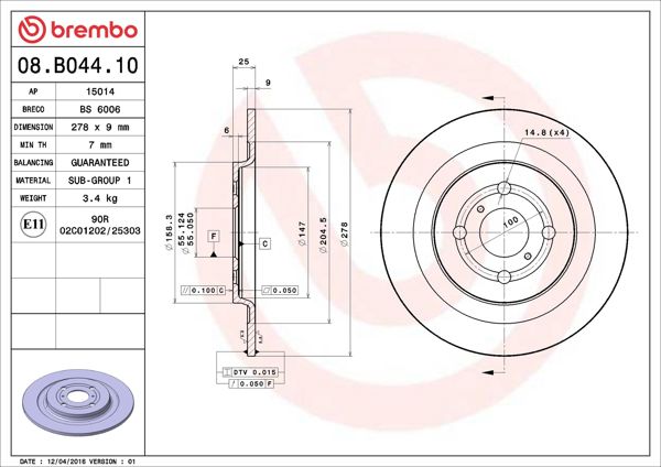 BREMBO 08.B044.10 | Fren Diski Arka Standard Toyota | 2 Adet