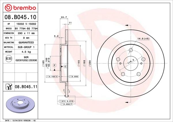 BREMBO 08.B045.10 | Fren Diski Arka Düz-(290-5)-(Toyota Avensis 09 / 12)