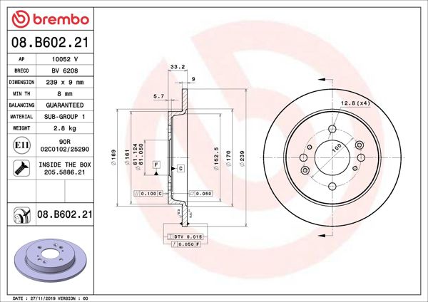 BREMBO 08.B602.21 | Fren Disk Arka Düz Kaplamalı 239-4 (Honda Jazz City 09-12) | 2 Adet