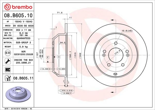 BREMBO 08.B605.10 | Fren Diski Arka Düz-(302-5)-(Hyundai Santafe 07 / 12 Kia Sorento 09 /) | 2 Adet