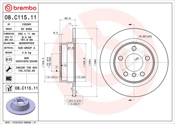 BREMBO 08.C115.11 | Fren Diski Arka Kaplamalı BMW F20/F21/F22/F23 290mm 11-22 | 2 Adet
