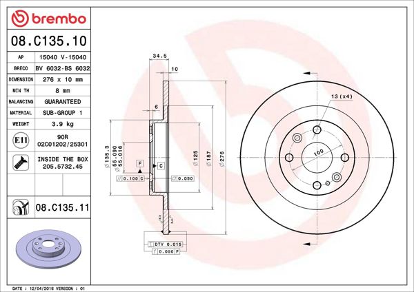 BREMBO 08.C135.11 | Fren Diski Arka UV Coated Mazda | 2 Adet