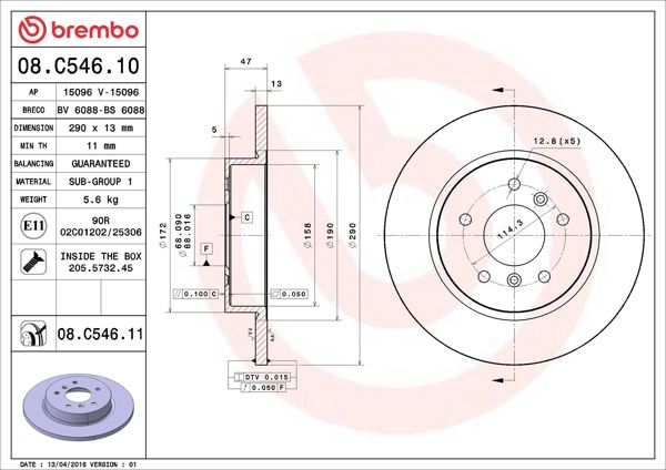 BREMBO 08.C546.11 | Fren Diski Arka (290-5) UV Coated (Nissan Qashqai 1.5-1.6Dcı 13 /) | 2 Adet