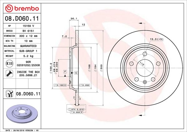 BREMBO 08.D060.11 | Fren Diski Arka Audi A4 A5 A6 A7 Q5 15-17 2 Adet