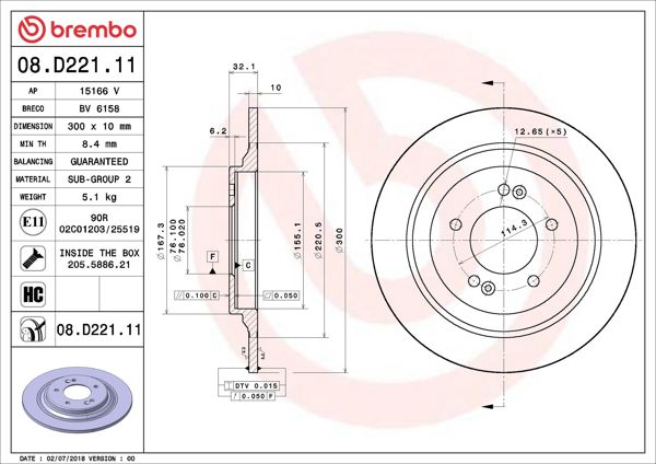 BREMBO 08.D221.11 | Fren Diski Arka UV Coated Hyundai | 2 Adet