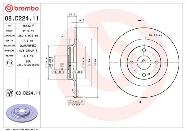 BREMBO 08.D224.11 | Fren Diski Arka UV Coated Mazda | 2 Adet
