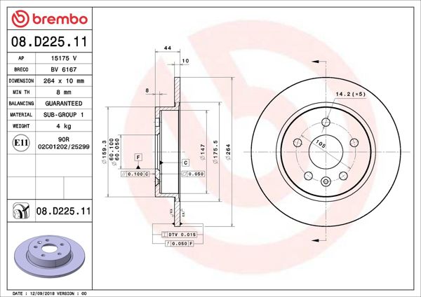 BREMBO 08.D225.11 | Fren Diski Arka UV Coated Opel | 2 Adet