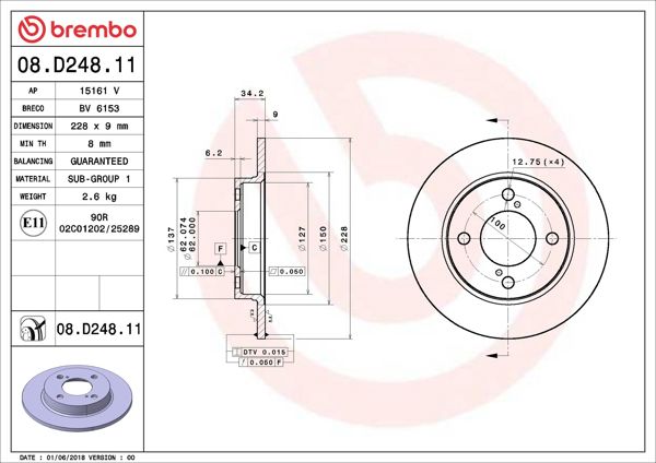 BREMBO 08.D248.11 | Fren Diski Arka UV Coated Suzuki | 2 Adet