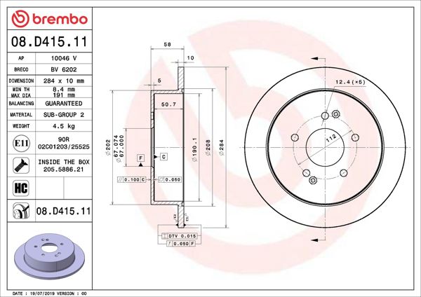 BREMBO 08.D415.11 | Fren Diski Arka UV Coated Ssangyong | 2 Adet
