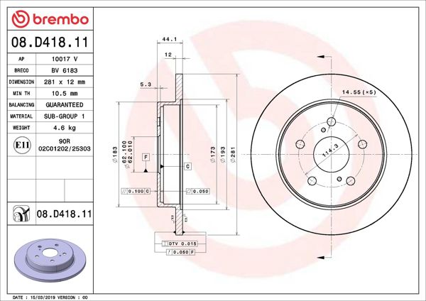 BREMBO 08.D418.11 | Fren Diski Arka Düz (281-5) (Toyota C-Hr 16-/ Rav 4 V 18 -) UV Coated | 2 Adet