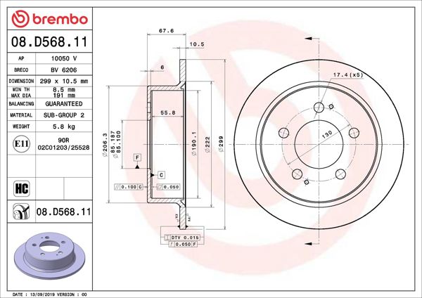 BREMBO 08.D568.11 | Fren Diski Arka UV Coated Ssangyong | 2 Adet