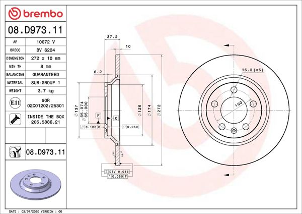 BREMBO 08.D973.11 | Fren Diski Arka UV Coated Audi | 2 Adet