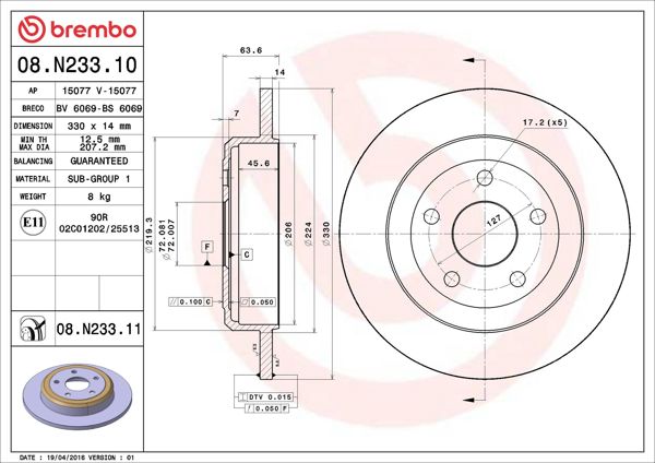 BREMBO 08.N233.11 | Fren Diski Arka UV Coated Jeep | 2 Adet