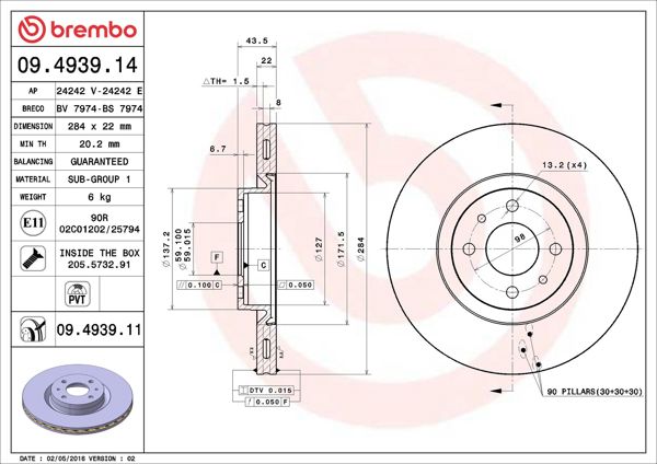 BREMBO 09.4939.14 | Fren Diski Ön Havalı 284.5 mm (Fiat Doblo 06 / Marea 99 / Stilo 1.4 1.6)