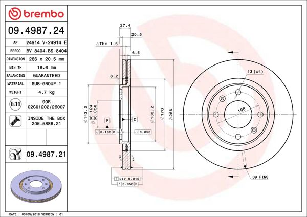 BREMBO 09.4987.24 | Fren Diski Ön Standard Peugeot | 2 Adet