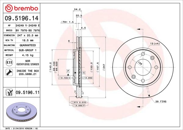 BREMBO 09.5196.14 | Fren Diski Ön Standard Citroen | 2 Adet