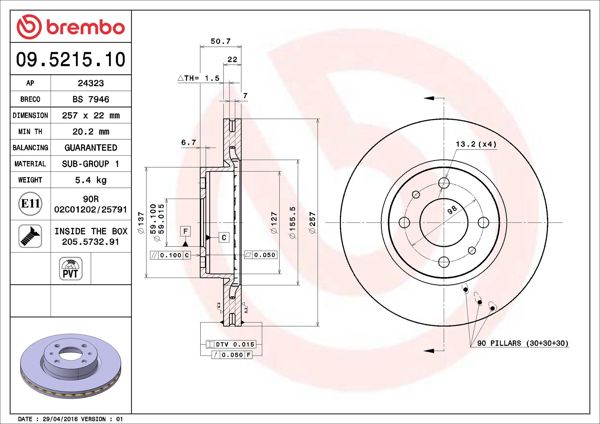 BREMBO 09.5215.10 | Fren Diski Ön Standard Alfa Romeo | 2 Adet