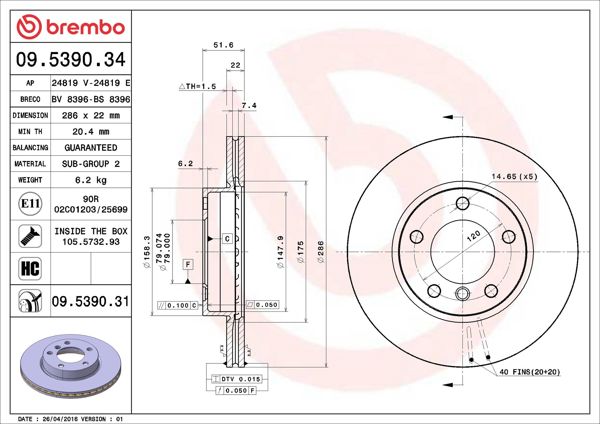 BREMBO 09.5390.31 | Fren Diski E-36 / 46 Ön Havalı Tek | 2 Adet