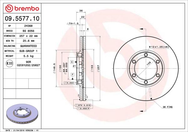BREMBO 09.5577.10 | Fren Diski Ön Standard Opel | 2 Adet