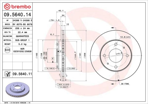 BREMBO 09.5640.14 | Fren Diski Ön Havalı-(256-4)-(Mitsubishi Carisma 96 / 06 1.8) | 2 Adet
