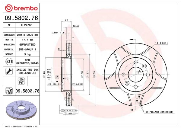 BREMBO 09.5802.76 | Fren Diski Ön Orta Hava Kanallı Clio II Kangoo II Logan Megane I Mcv Symbol Sandero Çizgili takım