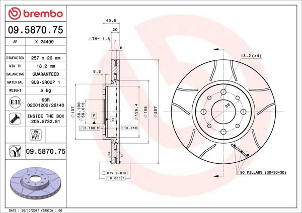 BREMBO 09.5870.75 | Fren Diski Ön Havalı 257.4 mm (Fiat Albea-Palio-Doblo -) Xtra Line-Max Çızgılı