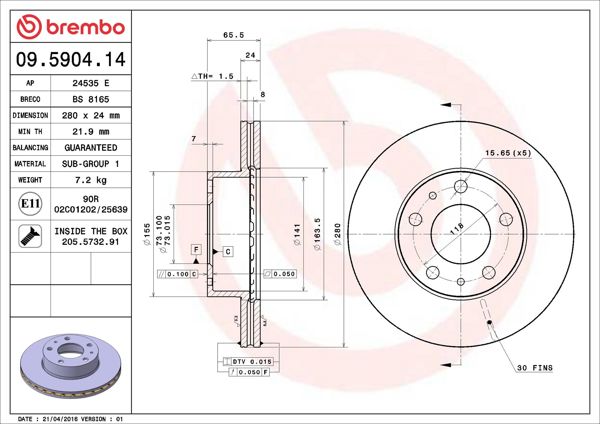 BREMBO 09.5904.14 | Fren Diski Ön Havalı 280 mm (Peugeot Boxer / Citroen Jumper / Fiat Ducato 2.5 TD 14Q)