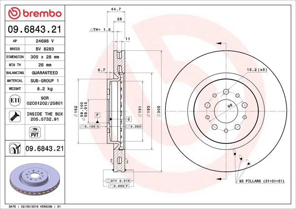 BREMBO 09.6843.21 | Ön Fren Diski Alfa Romeo UV Coated 2 Adet
