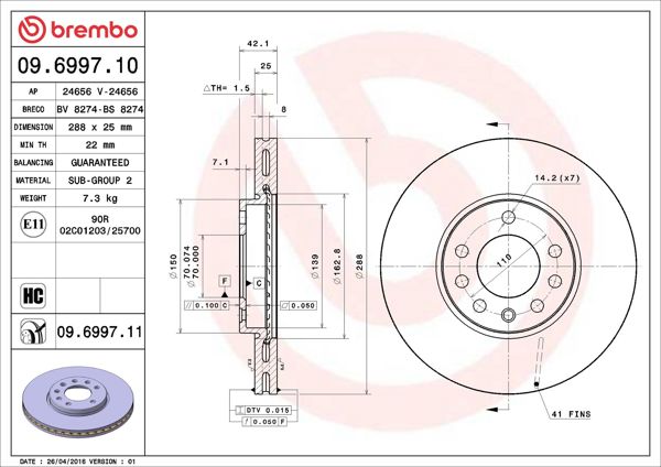 BREMBO 09.6997.11 | Fren Diski Ön Arka UV Coated Chevrolet | 2 Adet