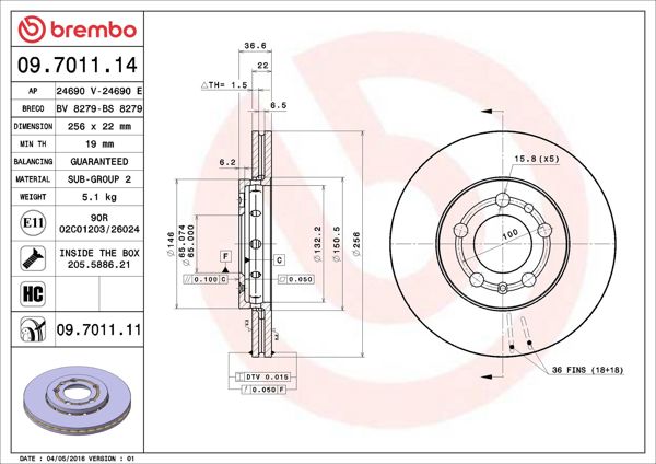 BREMBO 09.7011.14 | Fren Diski Ön (VW Golf 98-06 Polo 02-20 Audi A1 11-18 A3 97-03 Seat Ibiza 02-17 Leon 00-06) | 2 Adet