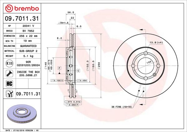 BREMBO 09.7011.31 | Fren Diski Ön UV Coated VW | 2 Adet