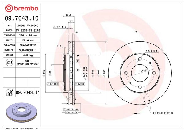 BREMBO 09.7043.10 | Fren Diski Ön Havalı-(256-4)-(Mitsubishi Carisma 96 / 06 1.8)
