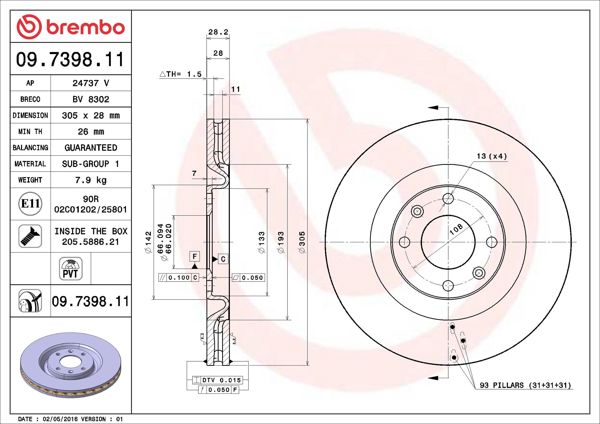BREMBO 09.7398.11 | Fren Diski Ön UV Coated Peugeot | 2 Adet