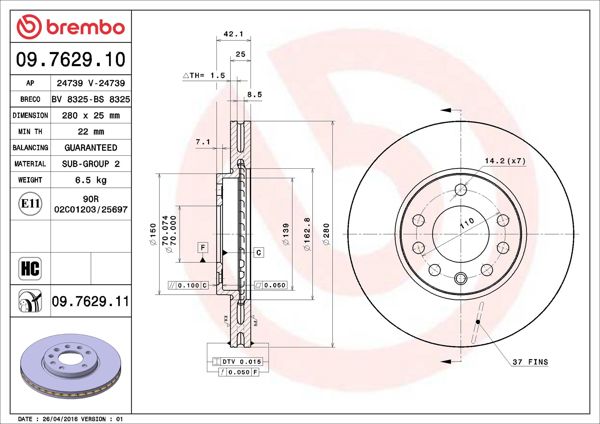 BREMBO 09.7629.11 | Fren Disk Ön Havalı 5 Bijon 280mm Opel Astra G 1.8/2.0 99-05 | 2 Adet