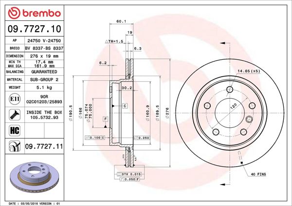 BREMBO 09.7727.11 | Fren Diski Arka Havalı Kaplamalı BMW E46 316 / 318 / 320 / D / E36-3.23-3.28 | 2 Adet