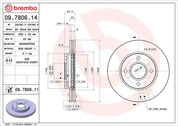 BREMBO 09.7806.14 | Fren Diski Ön Standard Ford Focus I Fiesta V Fusion Ka Mazda II 2 Adet