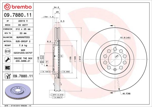 BREMBO 09.7880.11 | Fren Diski Ön Havalı 312 mm VW Golf 99-06 Polo 06-09 Audi A3 99-03 Seat Leon 99-06 | 2 Adet