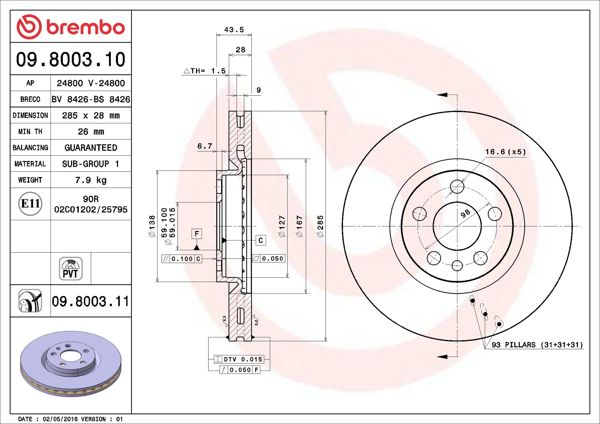 BREMBO 09.8003.11 | Fren Diski Ön UV Coated Peugeot | 2 Adet